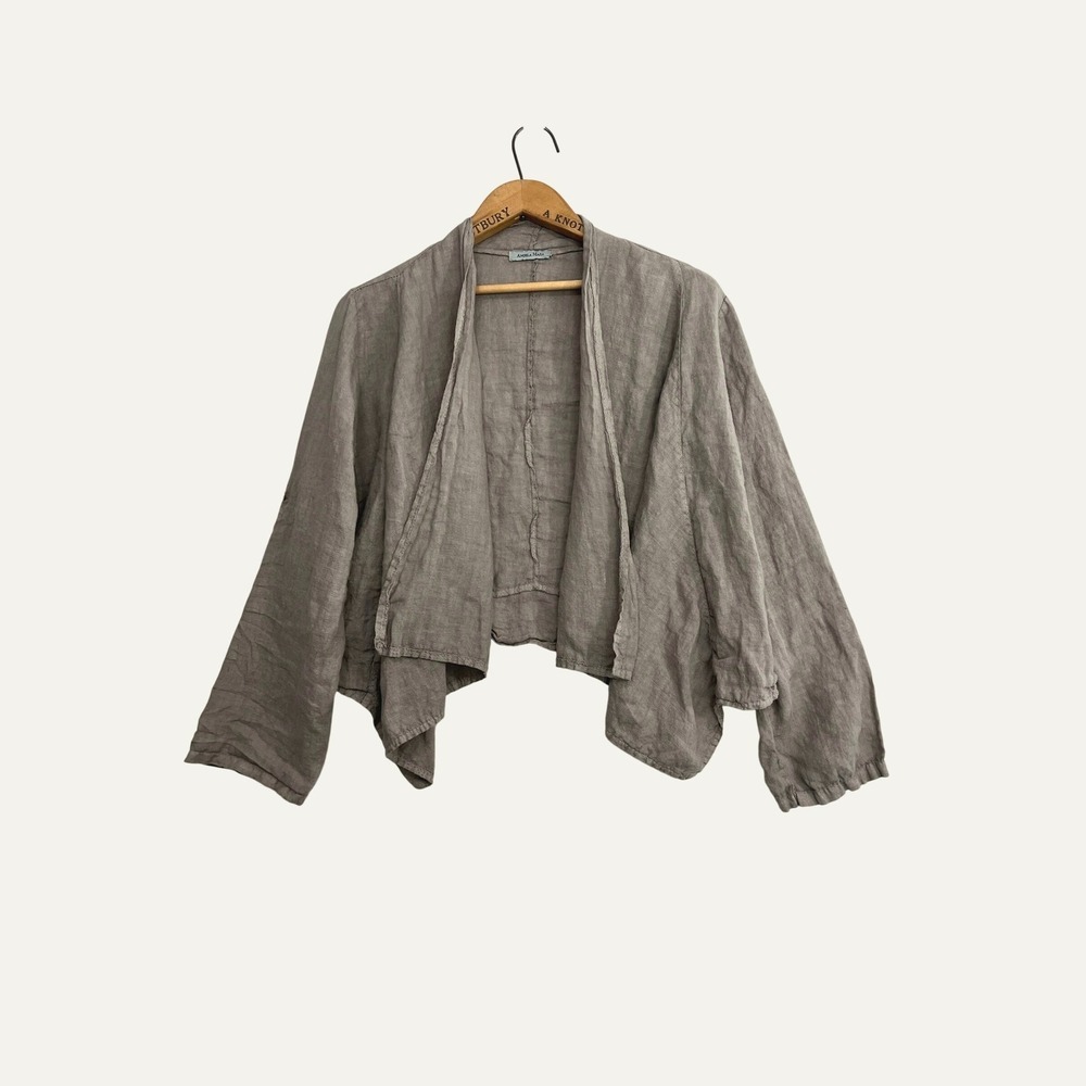 Angela Mara Italy 100% Linen Open Front Draped Cardigan Jacket Taupe Large